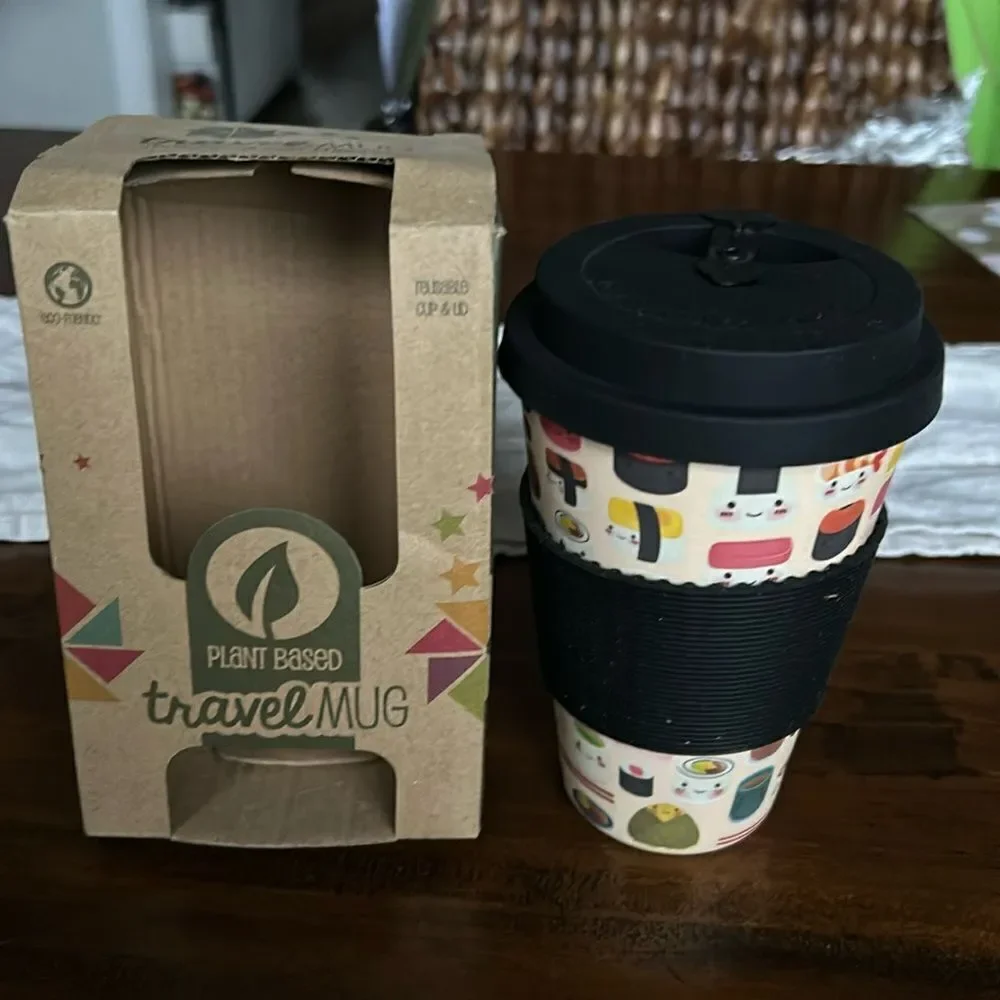 Eco-Friendly Reusable Plant Fiber Travel Mug with Sushi Design NWT